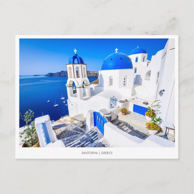 Postal Festiva Iglesia azul de Oia, Santorini, Grecia (Anverso)