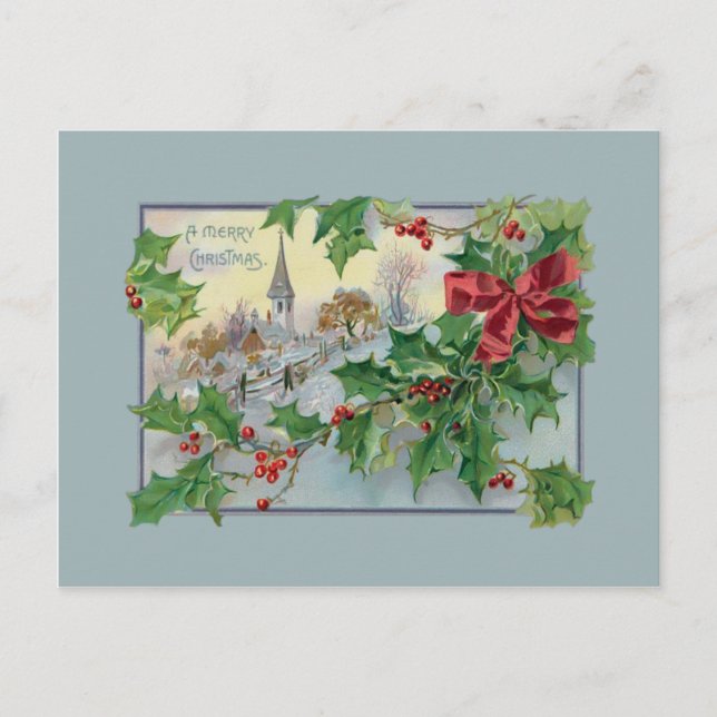 Postal Festiva Iglesia del País Vintage y Holly (Anverso)