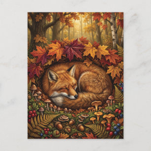 Postal Festiva Ilustración acogedora de otoño de un zorro rojo do