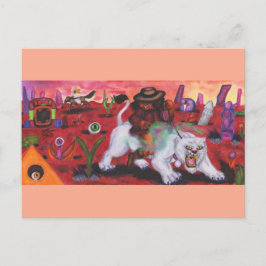 Postal Festiva Ilustracion acuarela Niño monta leona blanca