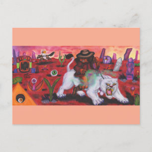 Postal Festiva Ilustracion acuarela Niño monta leona blanca
