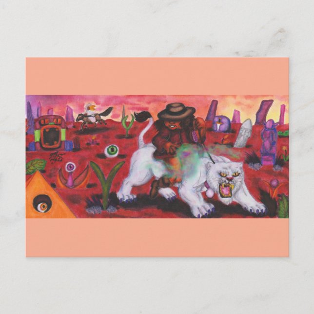 Postal Festiva Ilustracion acuarela Niño monta leona blanca (Anverso)