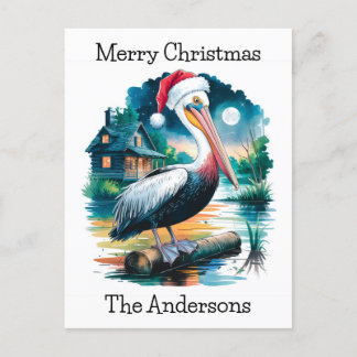Postal Festiva Ilustracion acuático de un Santa Pelican