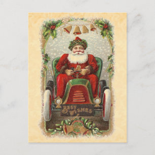 Postal Festiva Ilustracion antiguo Santa en el coche antiguo A01