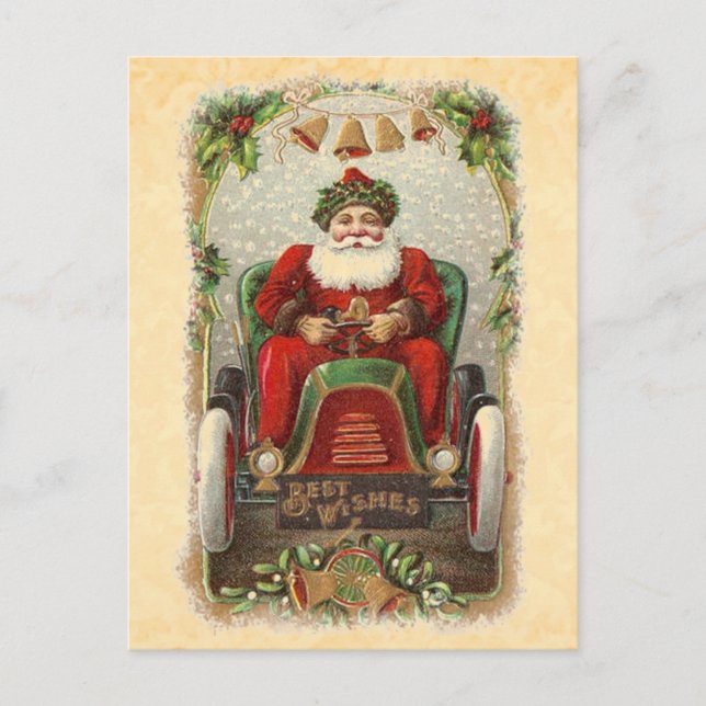 Postal Festiva Ilustracion antiguo Santa en el coche antiguo A01 (Anverso)