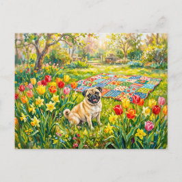 Postal Festiva Ilustración caprichosa de perro Mops de jardín de 