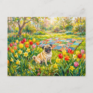 Postal Festiva Ilustración caprichosa de perro Mops de jardín de