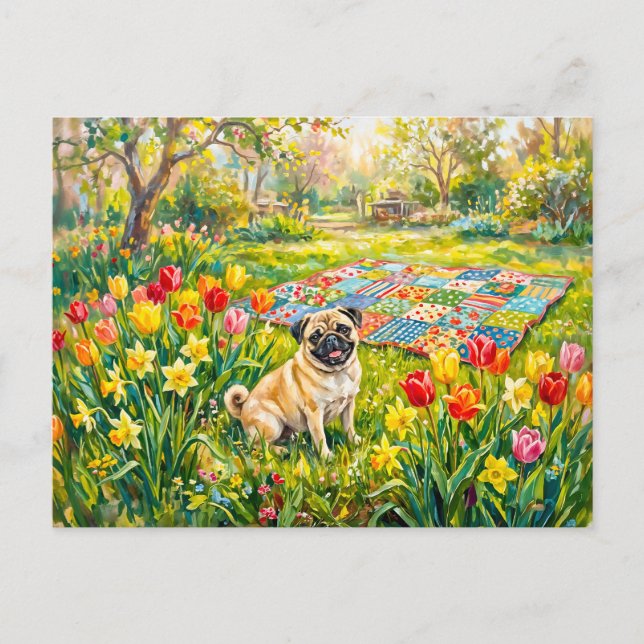 Postal Festiva Ilustración caprichosa de perro Mops de jardín de  (Anverso)