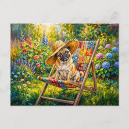 Postal Festiva Ilustración caprichosa de perro Mops de jardín de 