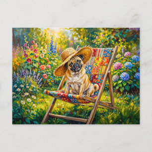 Postal Festiva Ilustración caprichosa de perro Mops de jardín de