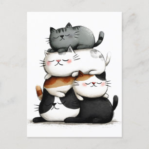 Postal Festiva Ilustracion caprichoso de un montón de gatos adora