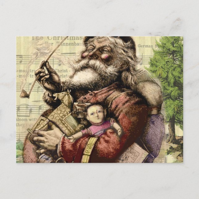 Postal Festiva Ilustracion clásico Merry Santa Claus Tree (Anverso)
