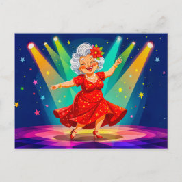 Postal Festiva Ilustración de abuela bailando en el escenario