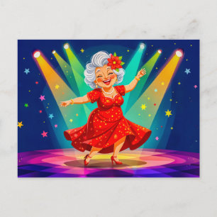 Postal Festiva Ilustración de abuela bailando en el escenario