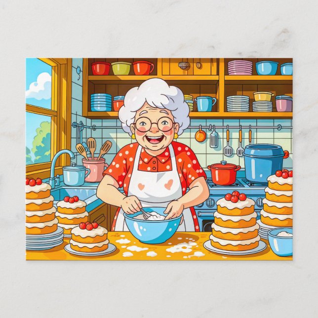 Postal Festiva Ilustración de abuela cocinando panqueques (Anverso)