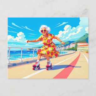 Postal Festiva Ilustración de abuela en patines sobre ruedas