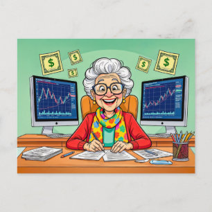 Postal Festiva Ilustración de abuela negociando acciones