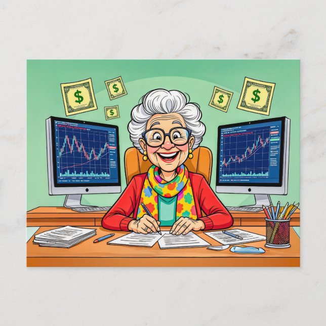 Postal Festiva Ilustración de abuela negociando acciones (Anverso)