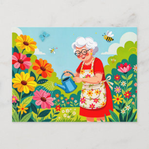 Postal Festiva Ilustración de abuela regando jardín