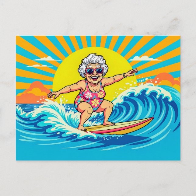Postal Festiva Ilustración de abuela surfeando (Anverso)