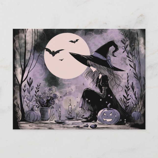 Postal Festiva Ilustracion de Brujas de Halloween (Anverso)