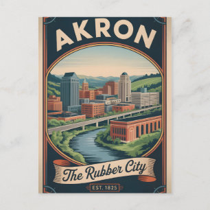 Postal Festiva Ilustración de cartel de viaje retro de Akron Ohio