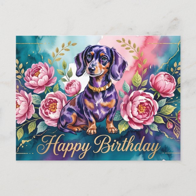 Postal Festiva Ilustración de cumpleaños de Dachshund (Anverso)