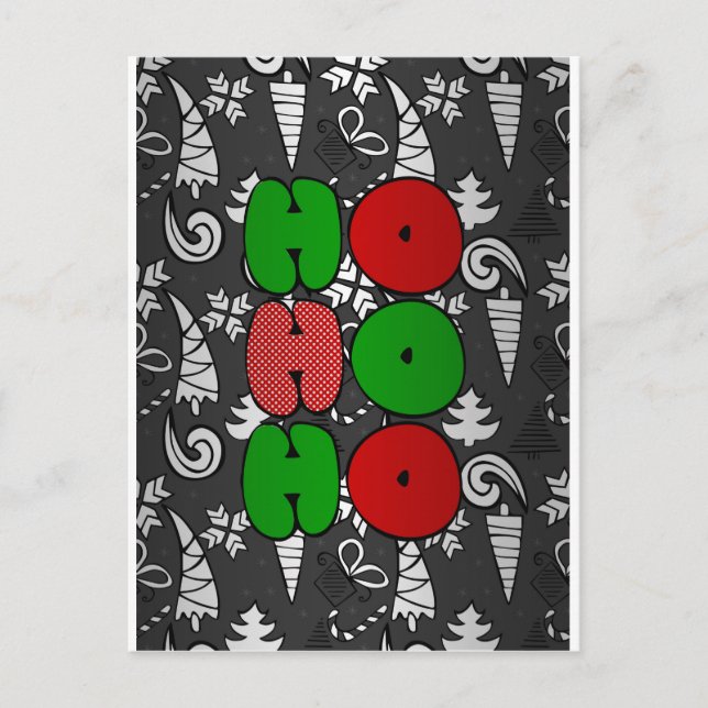 Postal Festiva ilustracion de doodles de los navidades "Ho-ho-ho" (Anverso)