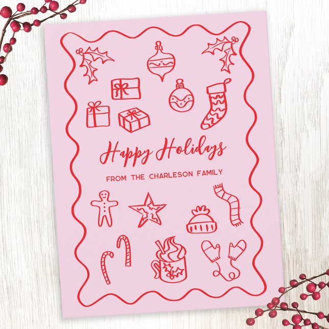 Postal Festiva Ilustracion de esgrima moderna Doodle rosa y rojo (Fun pink and red hand drawn doodle personalized name Christmas holiday postcard)