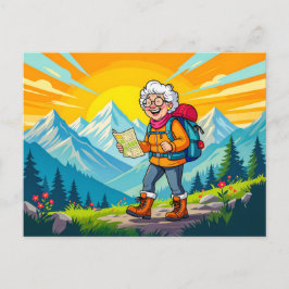 Postal Festiva Ilustracion de excursión de abuela