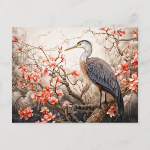 Postal Festiva Ilustración de garza en estanque con follaje rojo