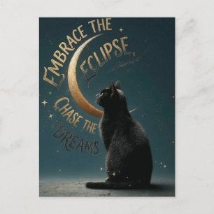Postal Festiva Ilustración de gato celestial "Abraza el eclipse"