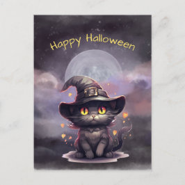 Postal Festiva Ilustracion de Gorra de Brujas de Gato Negro de Ha