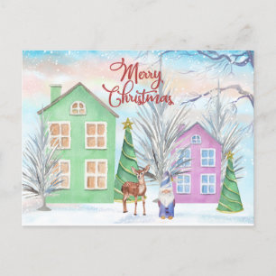 Postal Festiva Ilustracion de invierno con acuarela navideña