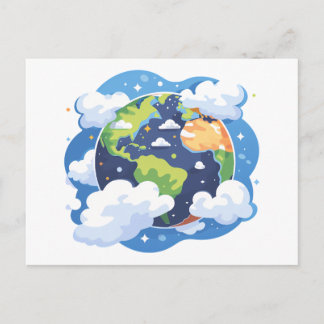 Postal Festiva Ilustración de la Tierra con Nubes en el Espacio