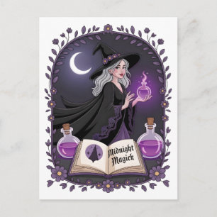 Postal Festiva Ilustración de Magia de Medianoche de una Joven Br