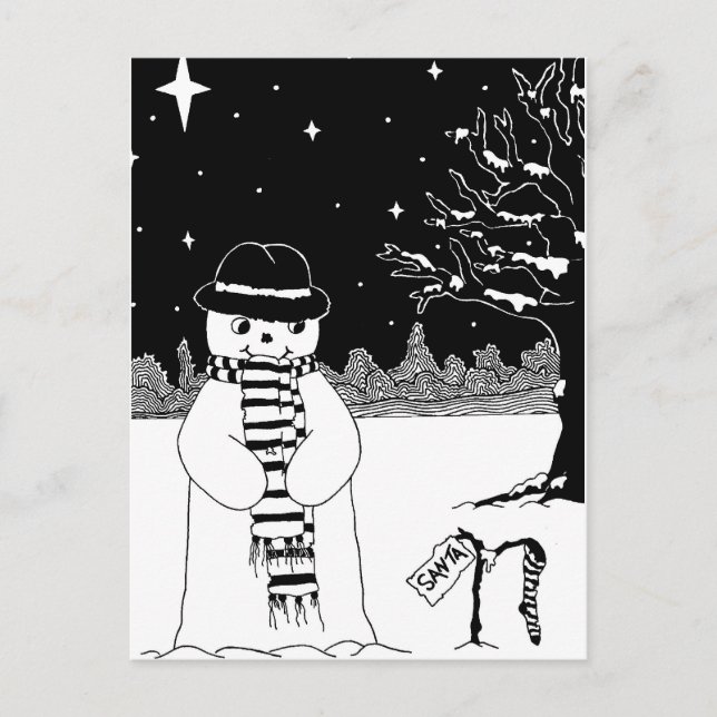 Postal Festiva Ilustracion de Navidades blancos y negros de muñec (Anverso)