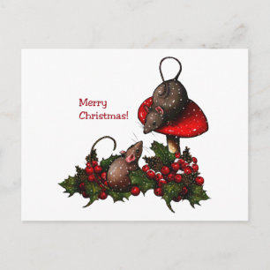 Postal Festiva Ilustracion de navidades: ratones, toadstool, Holl