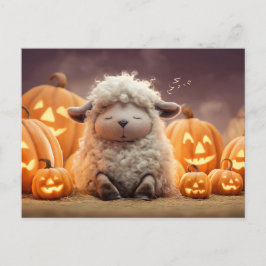 Postal Festiva Ilustración de oveja durmiendo entre calabazas de 