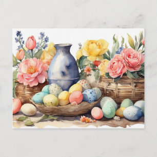 Postal Festiva Ilustración de Pascua en acuarela con flores, huev