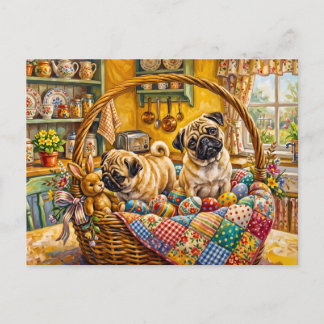 Postal Festiva Ilustración de perros Mops en cesta de Pascua capr