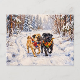 Postal Festiva Ilustración de perros Mops en un bosque invernal c