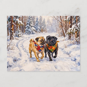 Postal Festiva Ilustración de perros Mops en un bosque invernal c
