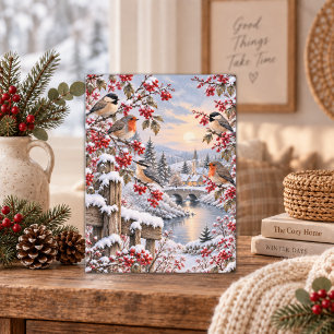 Postal Festiva Ilustración de pueblo nevado con bayas de invierno
