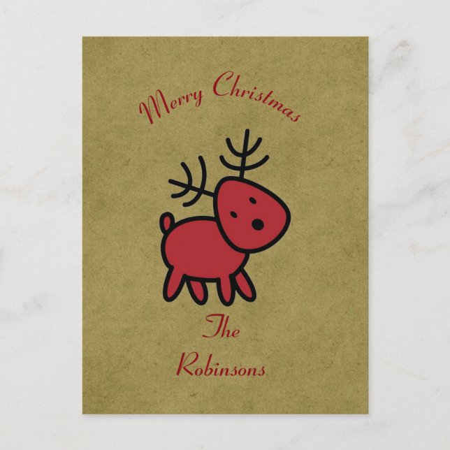 Postal Festiva Ilustracion de renos de Navidades rojos (Anverso)