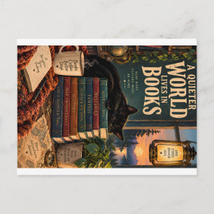 Postal Festiva Ilustración de Rincón de Libros Acogedor con Gato