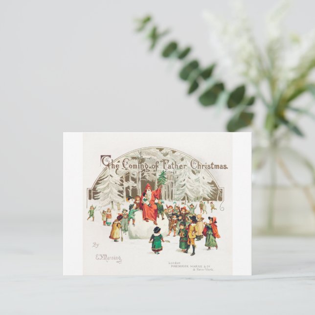 Postal Festiva Ilustracion de Santa Claus con niños (Anverso de pie)