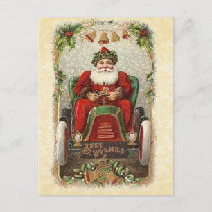 Postal Festiva Ilustracion de Santa en auto antiguo