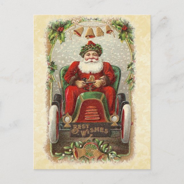 Postal Festiva Ilustracion de Santa en auto antiguo (Anverso)
