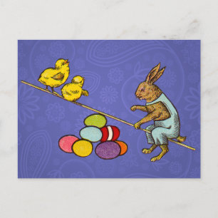 Postal Festiva Ilustración del conejo de Pascua poniendo huevos